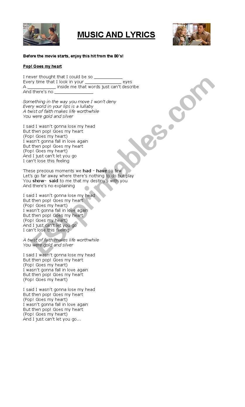 Music and Lyrics worksheet worksheet