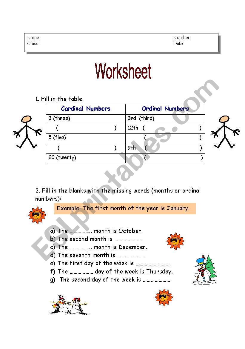 Cardinal and Months work worksheet