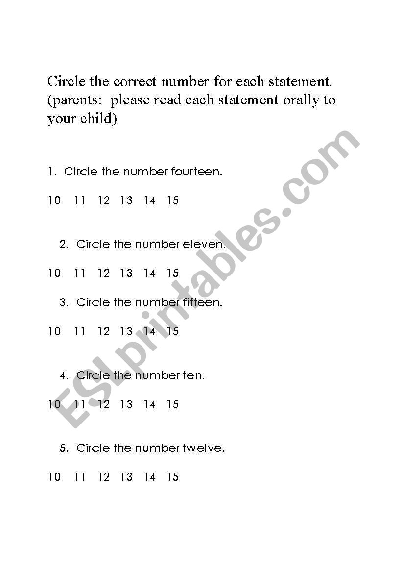 Identifying numbers 10-15 worksheet