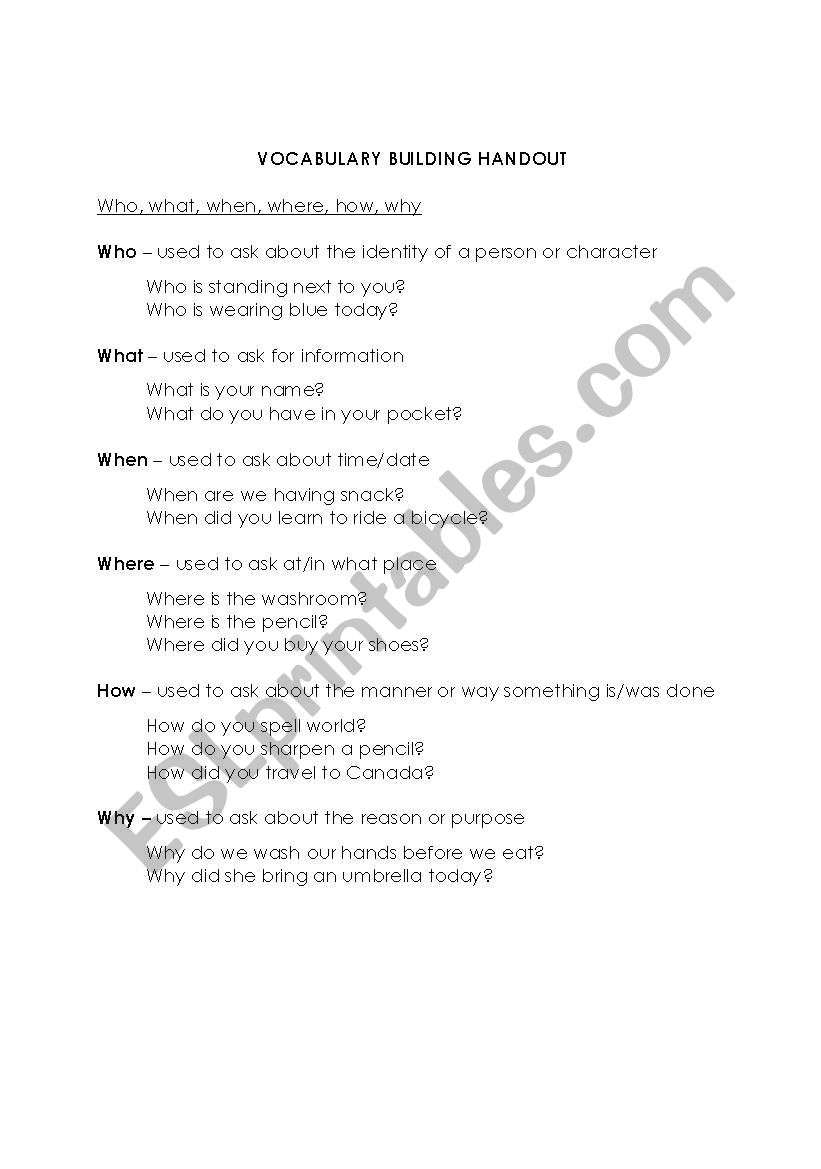 Vocabulary Building Worksheet: Who, what, when, where, how, why.