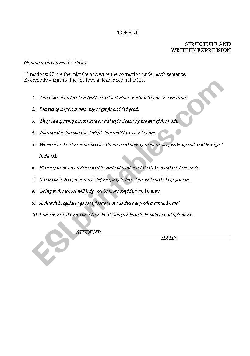 TOEFL EXERCISES Articles worksheet