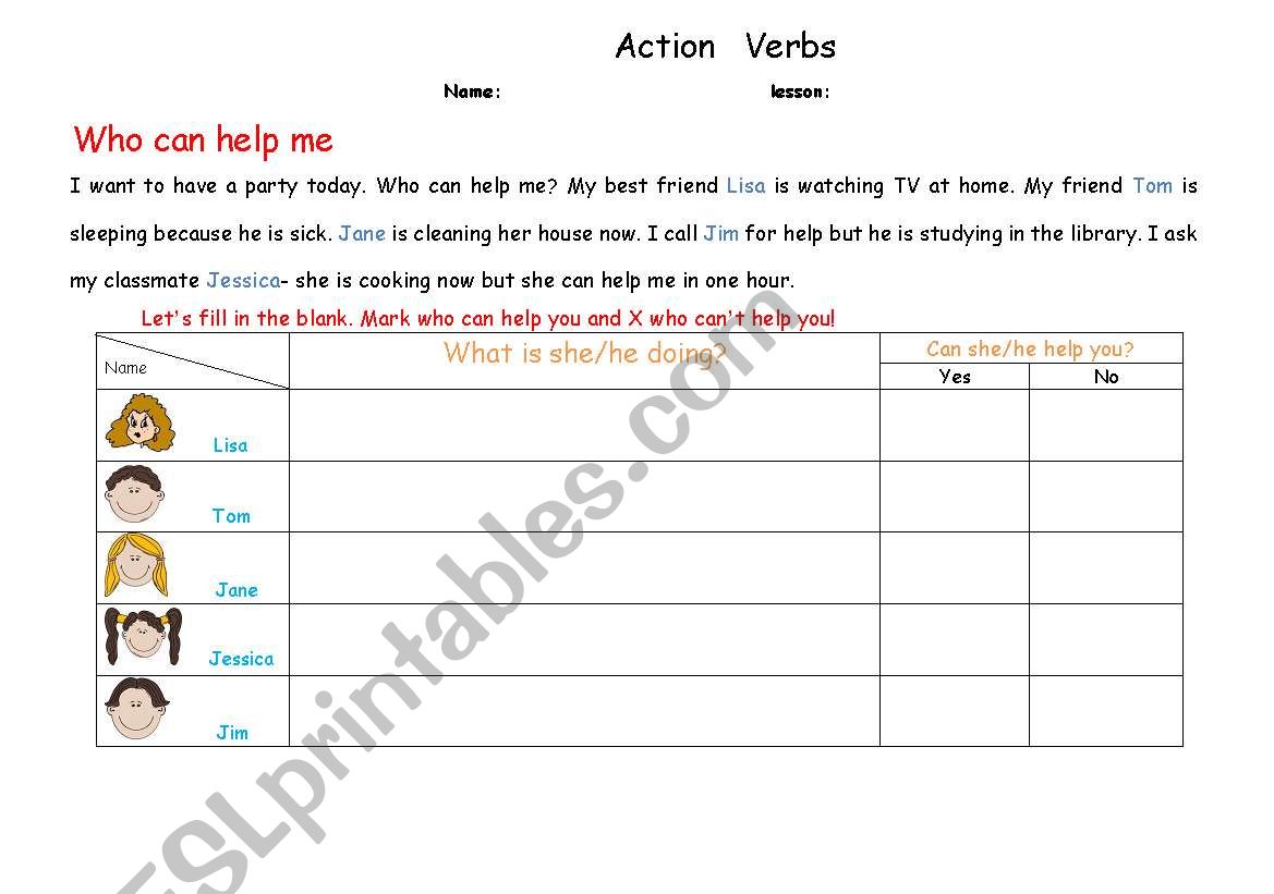  Action  Verbs worksheet
