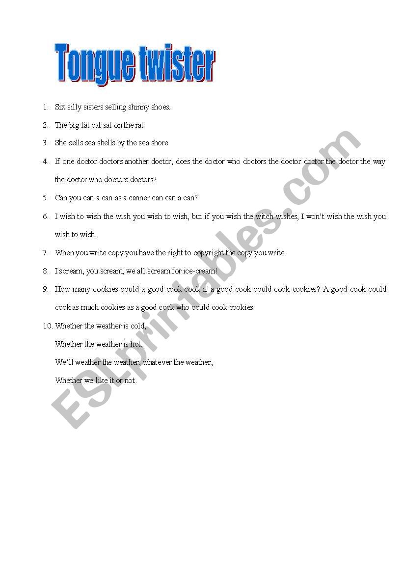 tongue twister worksheet