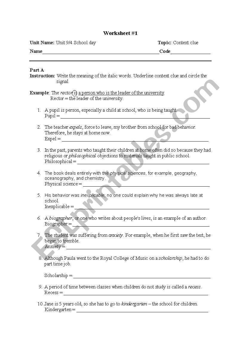 context clue worksheet
