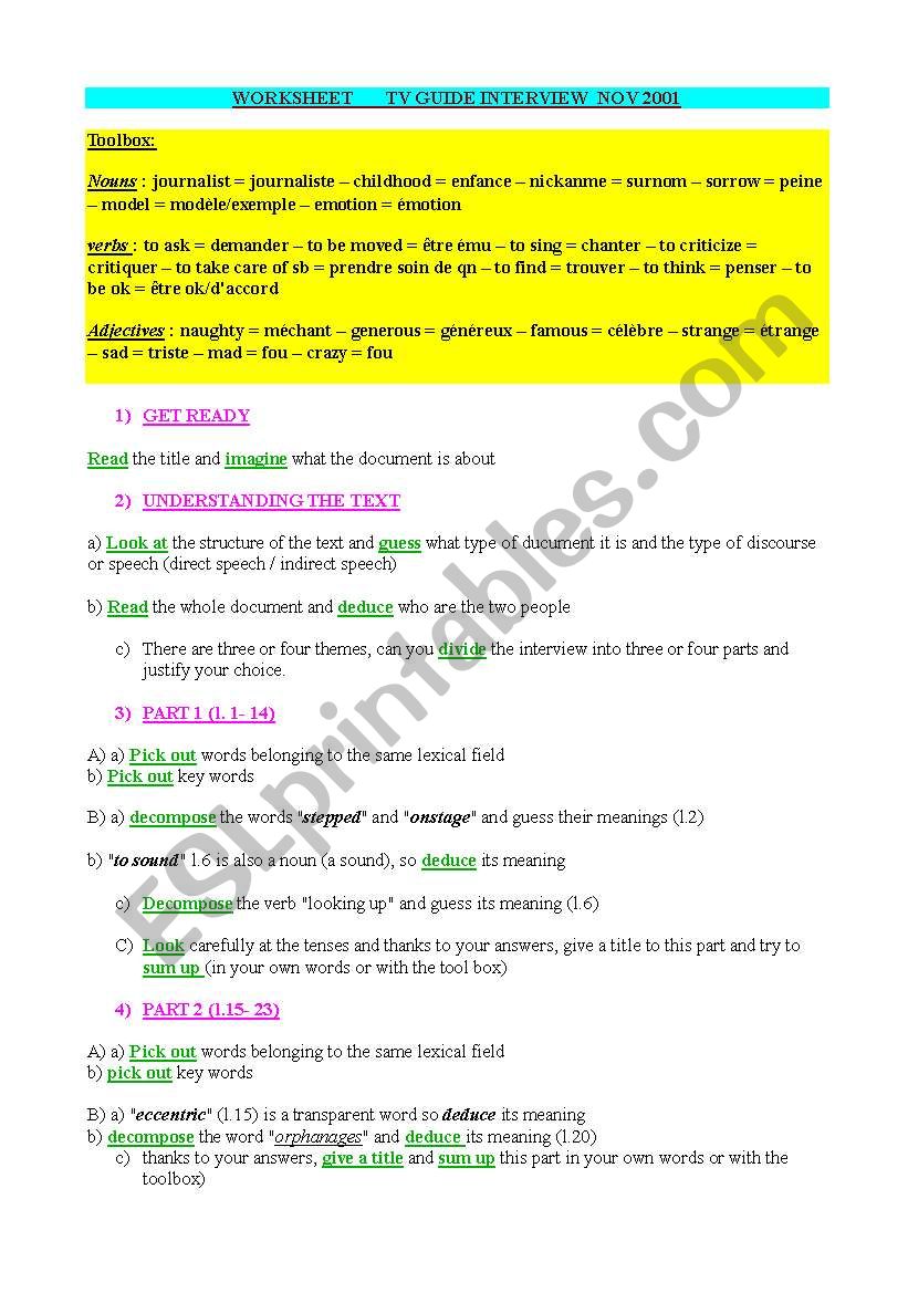 MICHAEL JACKSON INTERVIEW AND WORKSHEET