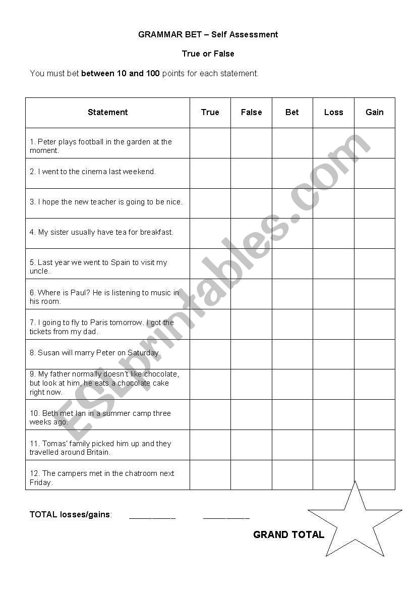 Grammar Bet - Tenses - self assessment