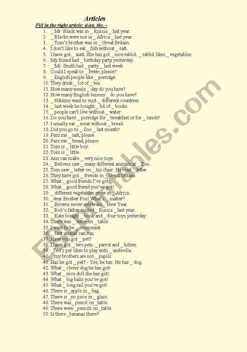 Articles worksheet