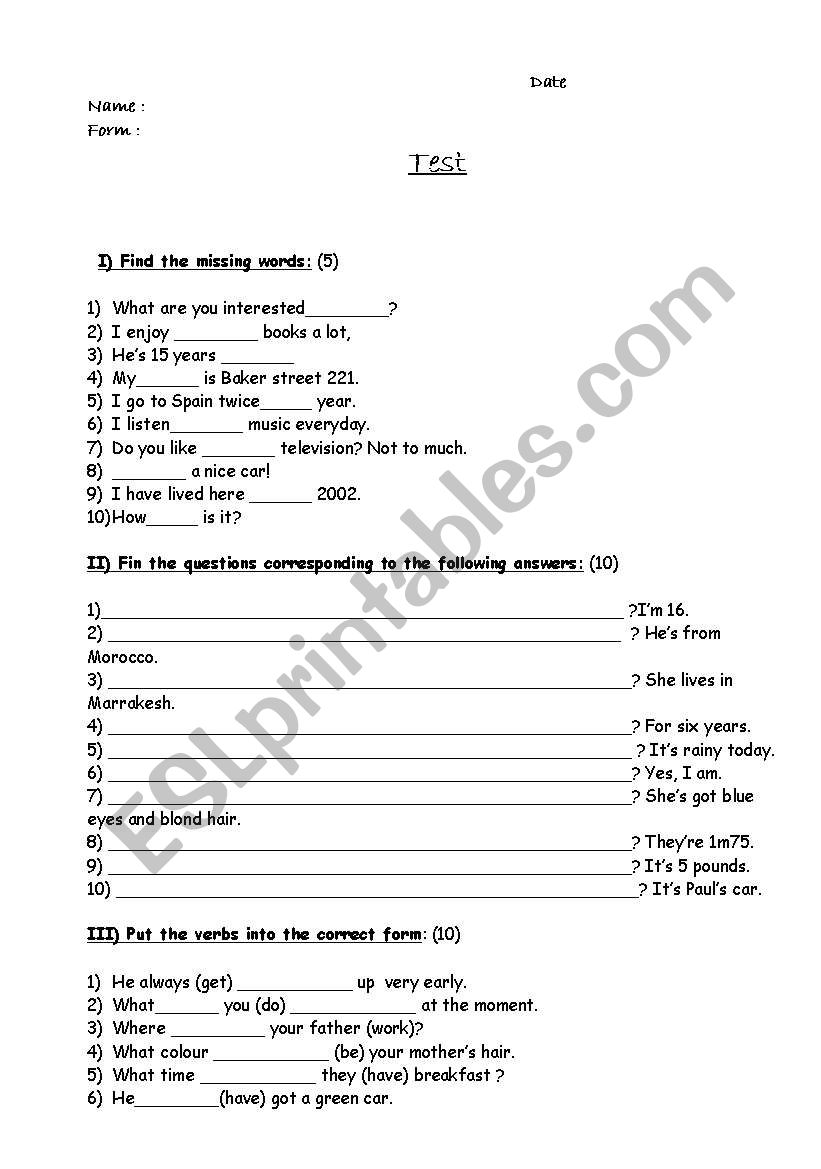 English test or exercises worksheet
