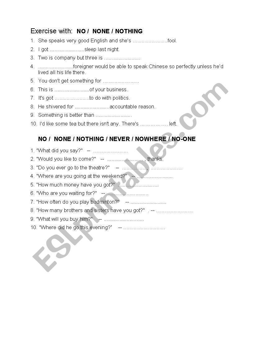NO, NONE or NOTHING worksheet