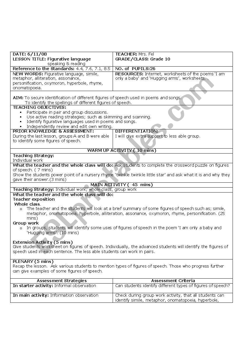 lesson plan for grade 10 worksheet