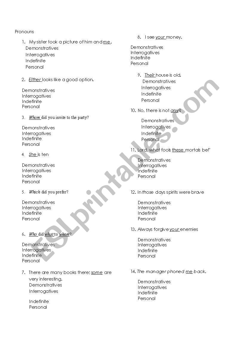 types of pronuons  worksheet
