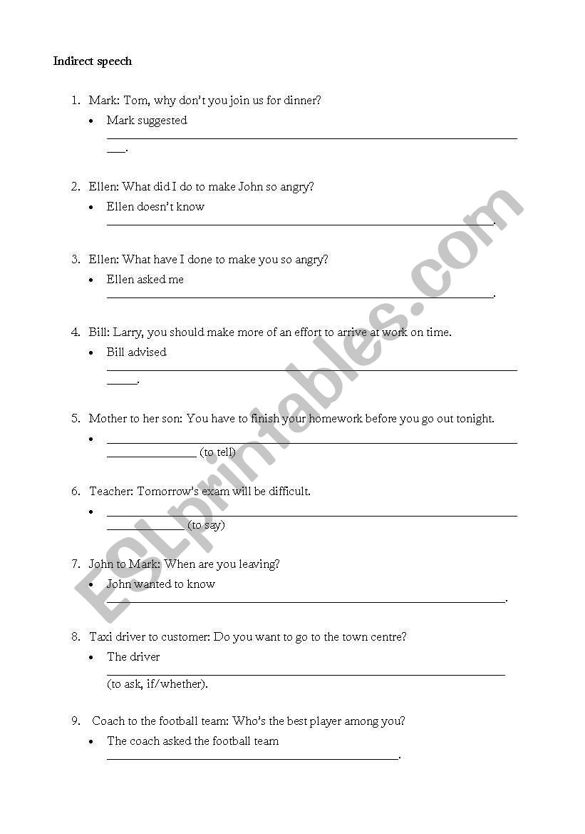 Indirect Speech worksheet