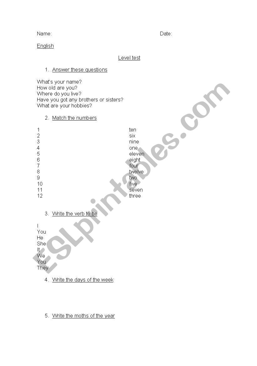 exam worksheet