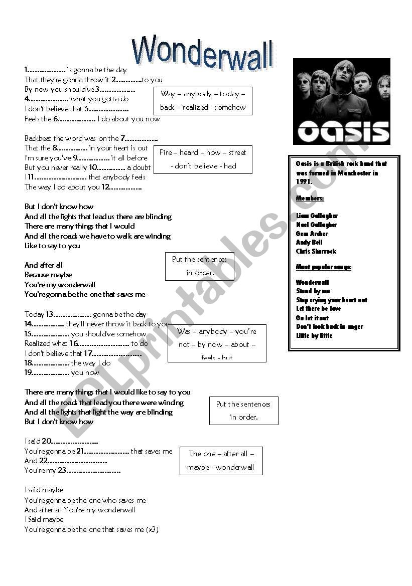 Wonderwall song by Oasis worksheet