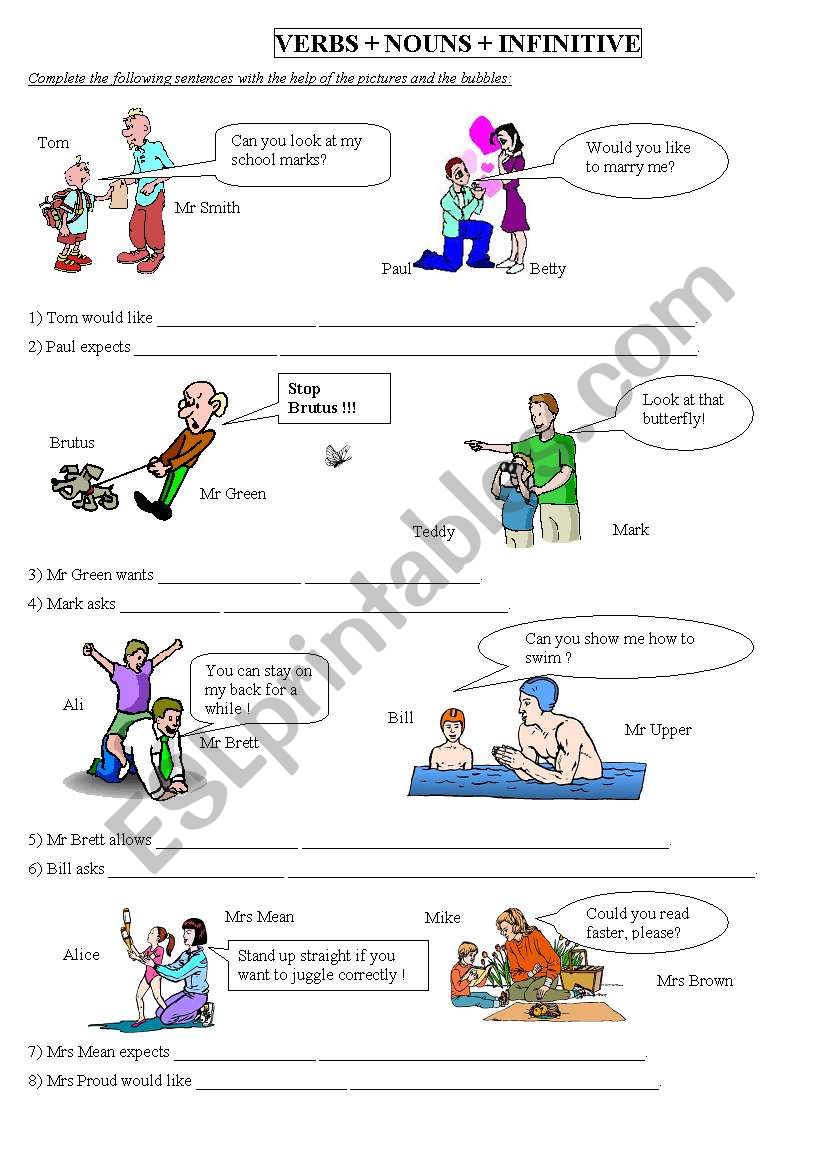 verbs + nouns + infinitive worksheet