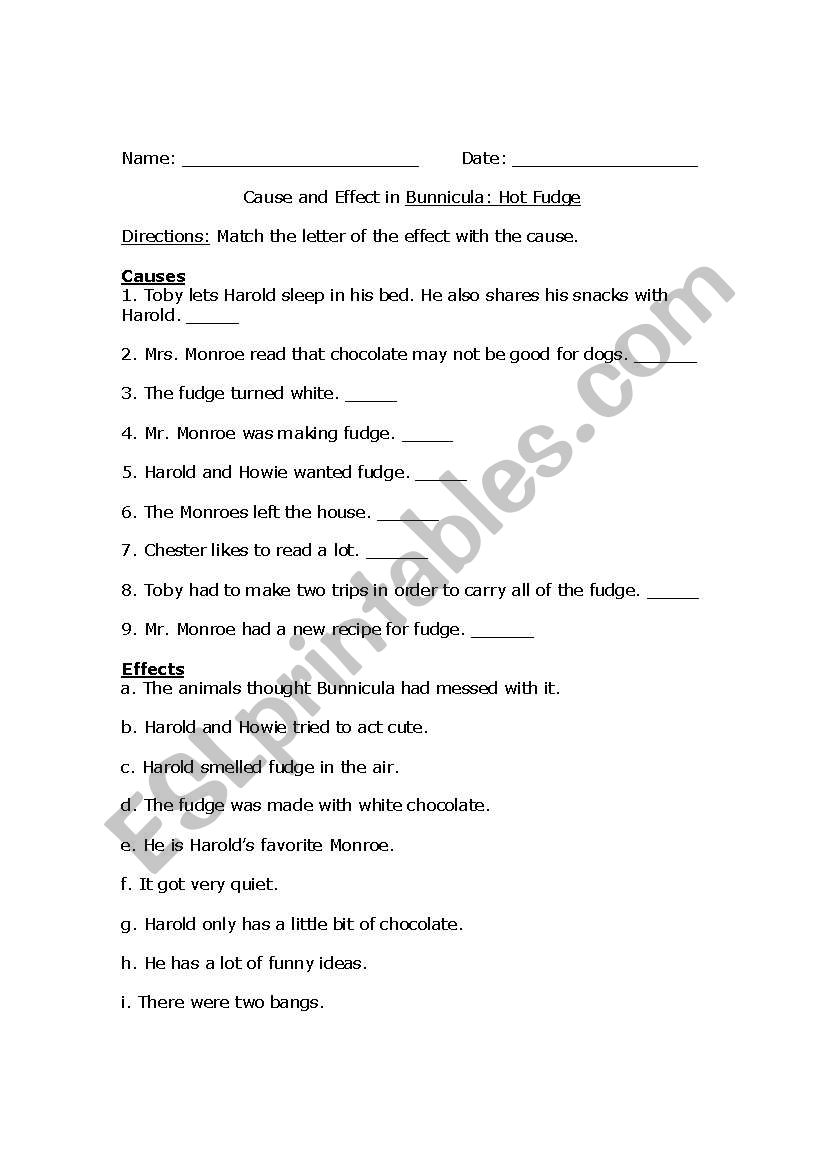 Bunnicula Cause and Effect worksheet