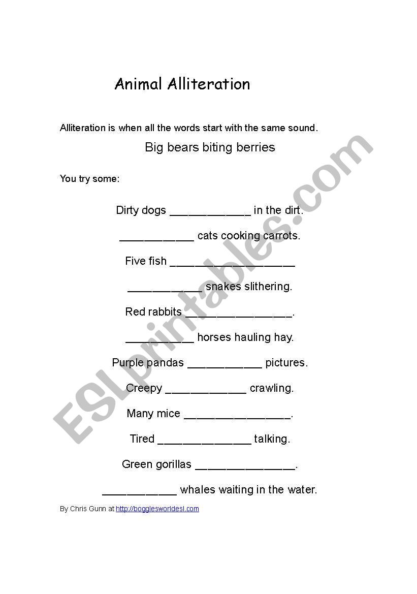 Animal Alliteration worksheet