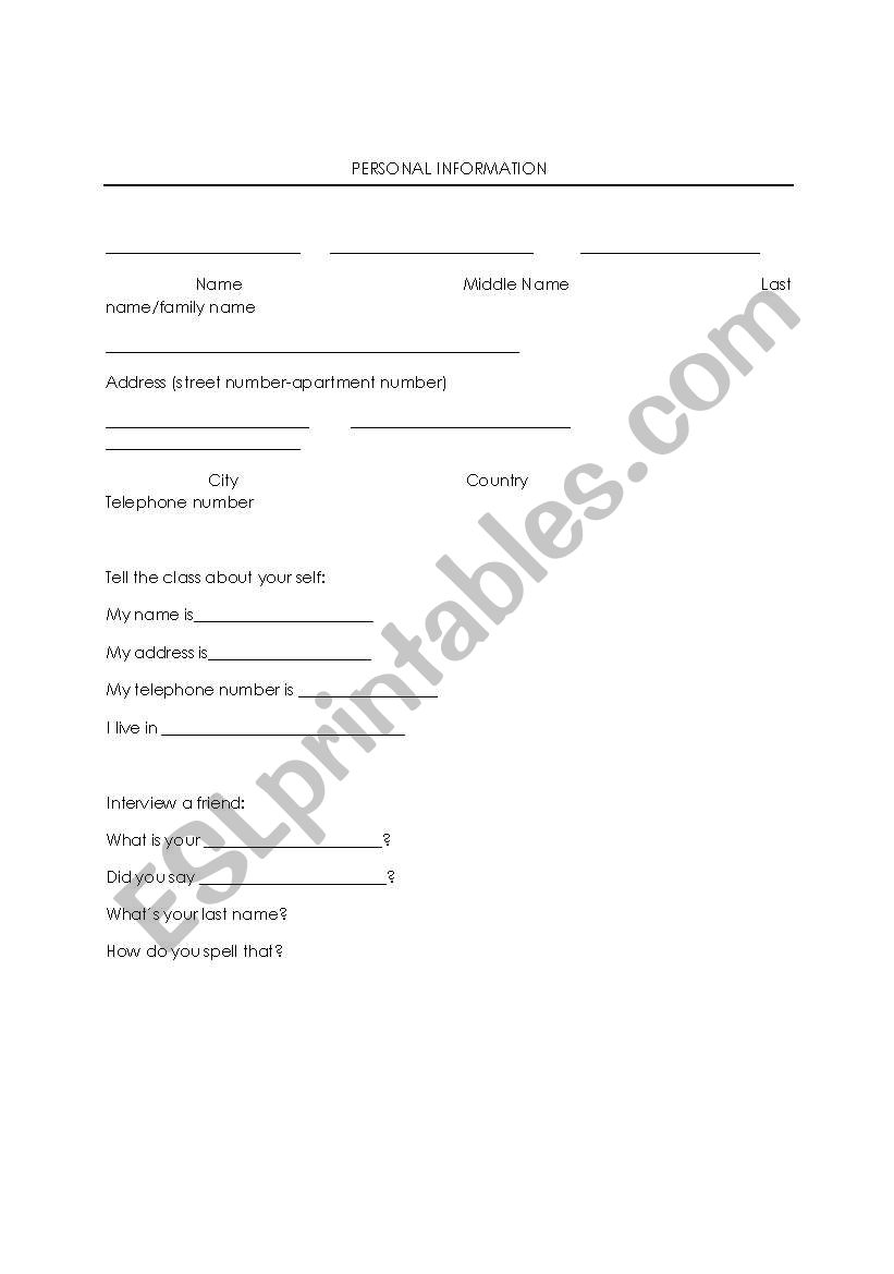 Personal Information worksheet