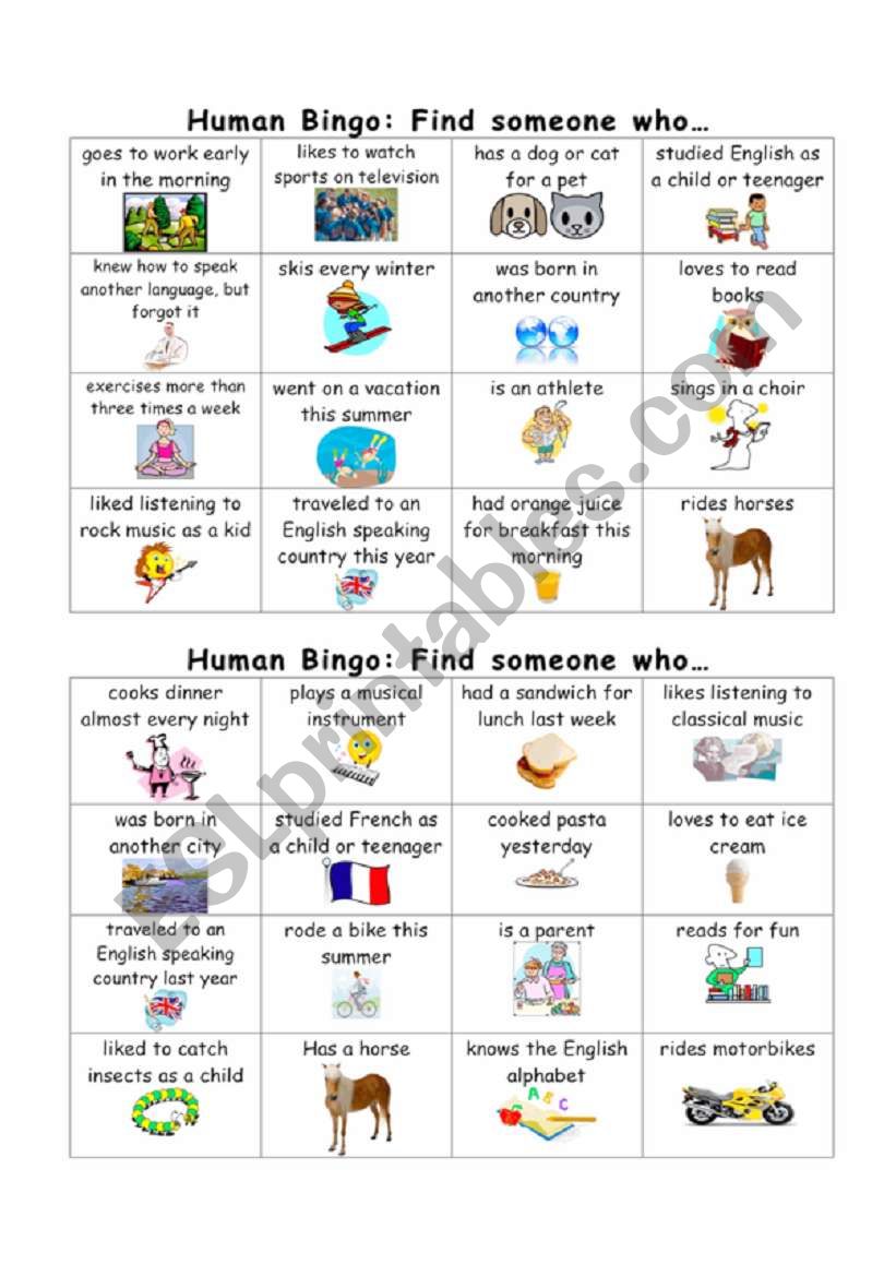 Present and Past Tense Human Bingo