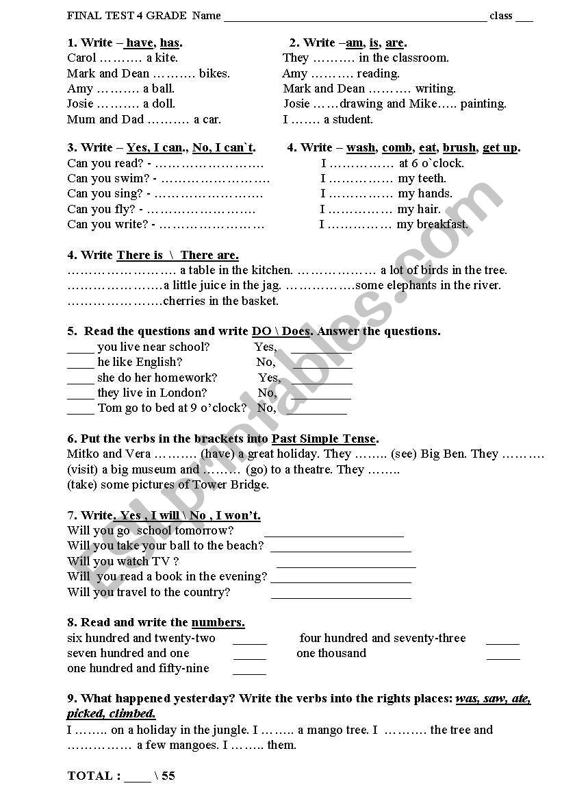 Final test 4 grade worksheet