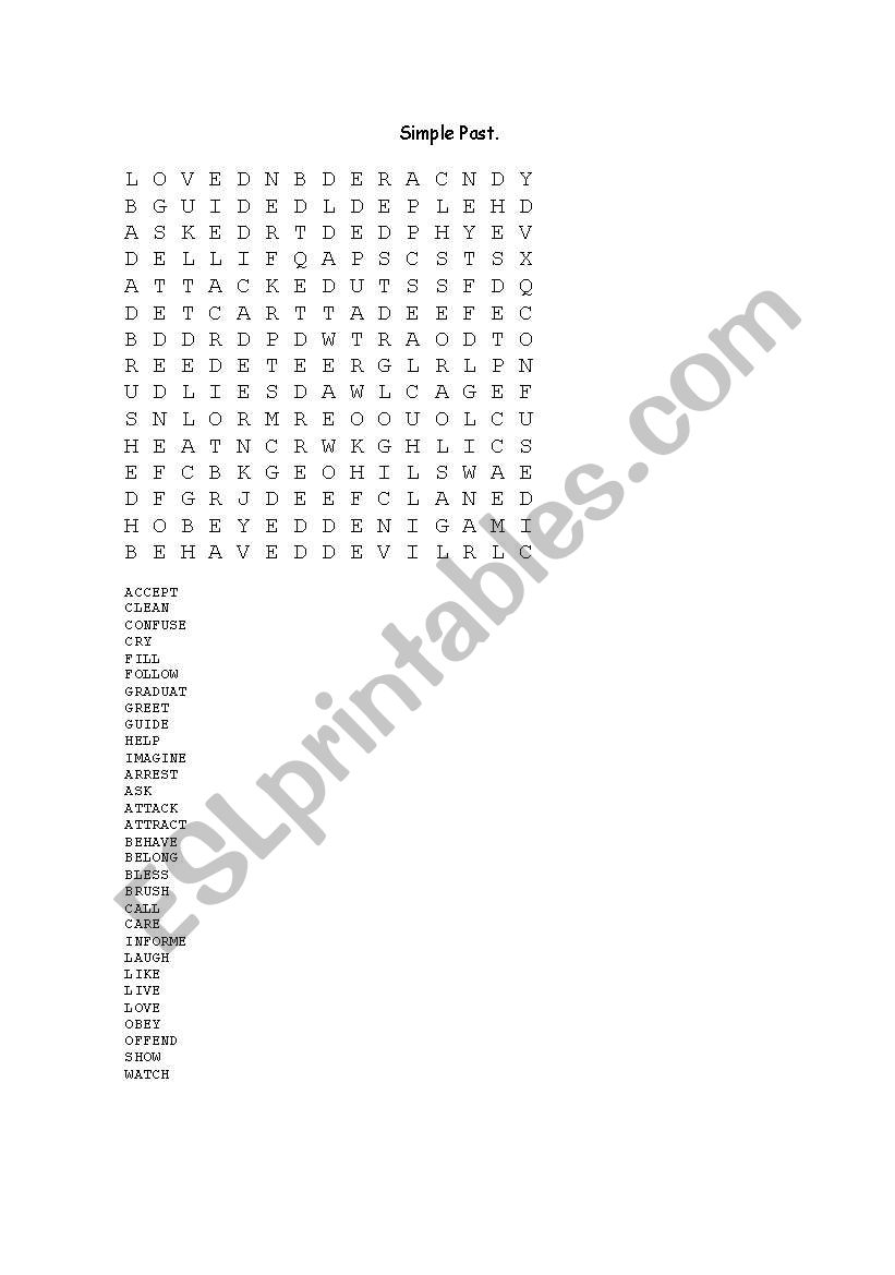 regular simple past verbs.word search,.