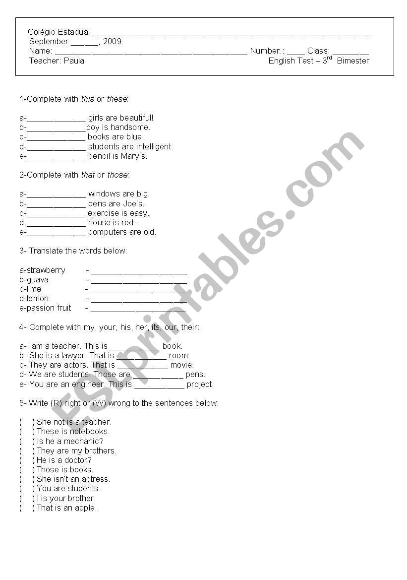 English Test - Public School worksheet