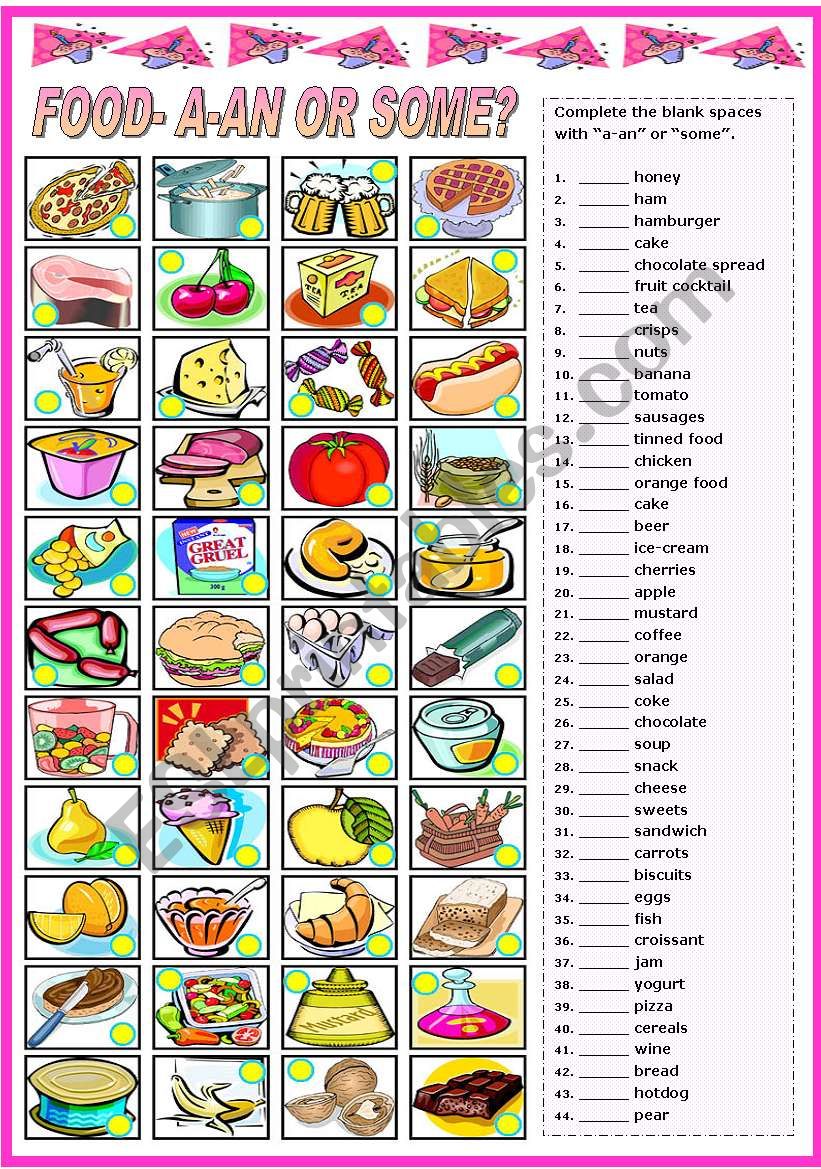 FOOD- A/AN-SOME- COMPLETE AND MATCH (B&W VERSION INCLUDED)