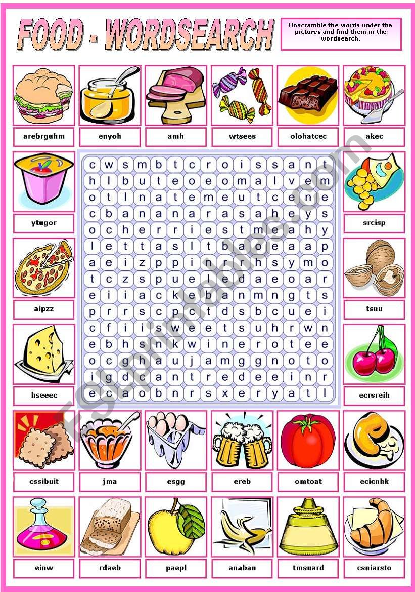 FOOD - WORDSEARCH  (B&W VERSION INCLUDED)