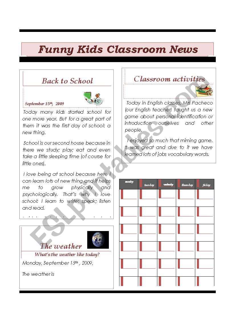 Funny Kids Classroom Newspaper - ESL worksheet by patti76