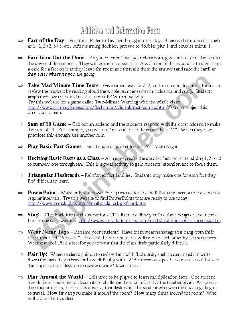 Basic Fact Games worksheet