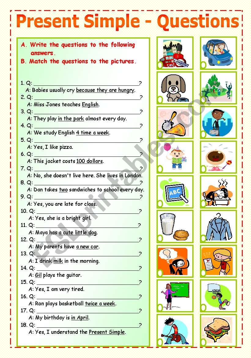 present simple question formation 15 esl worksheet