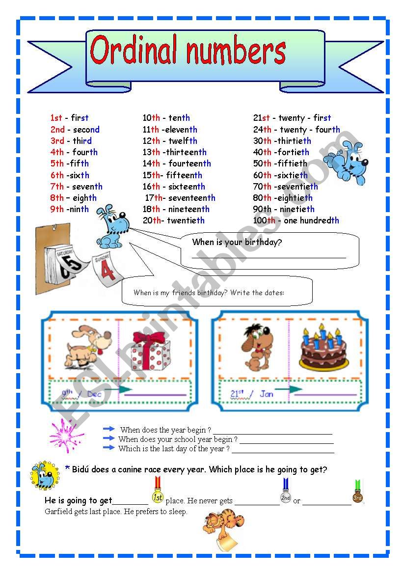 Ordinal numbers worksheet