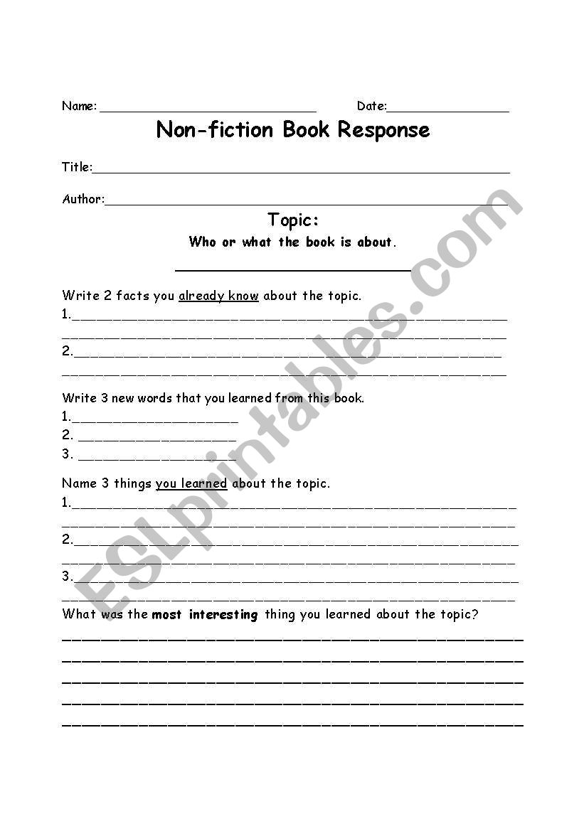 Non-fiction Book Report form worksheet