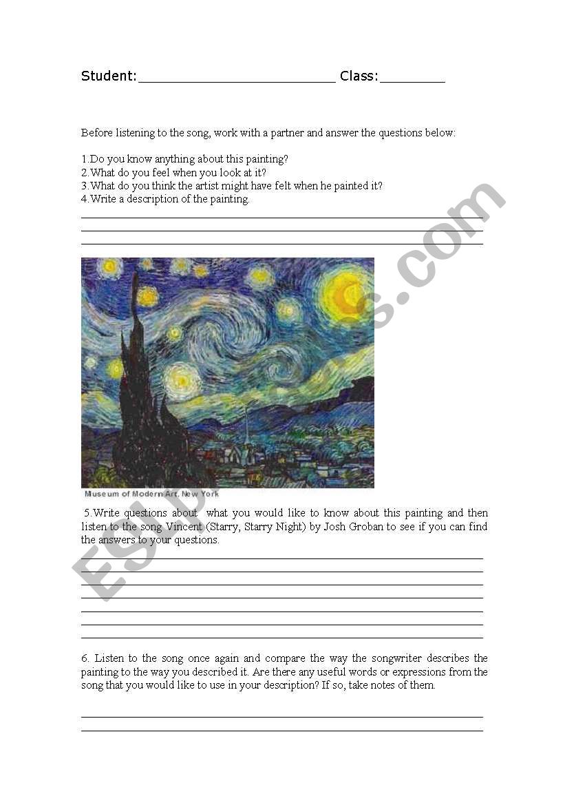 Vincent (Starry,Starry Night) worksheet