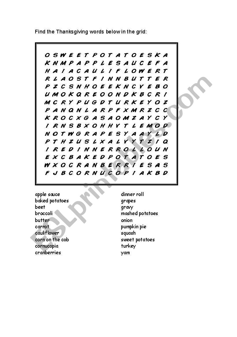 Thanksgiving Wordsearch worksheet