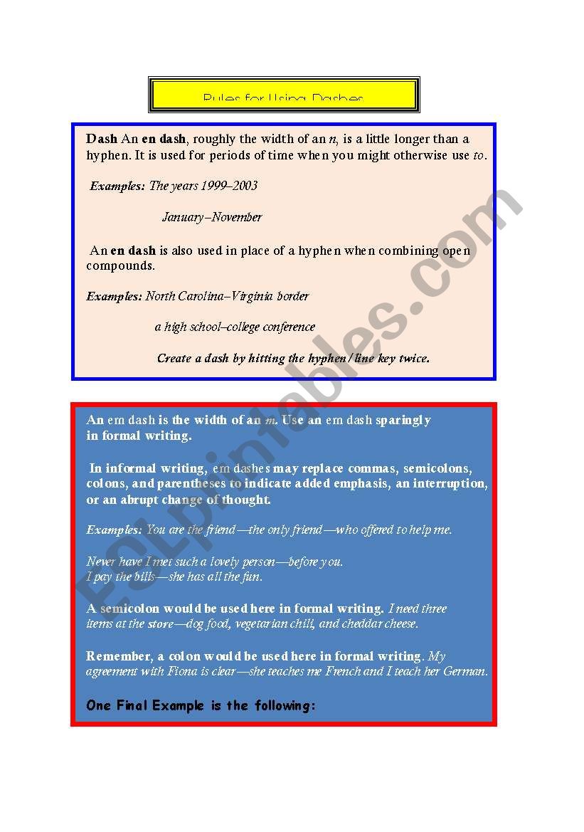 Rules for Using Dashes worksheet