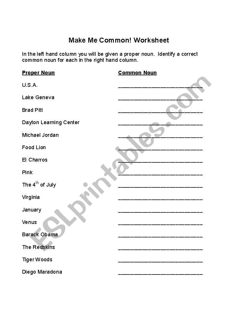 Proper and Common Nouns worksheet