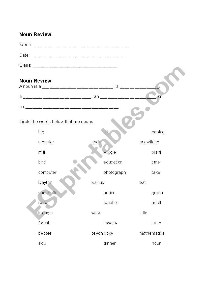 Noun Review worksheet