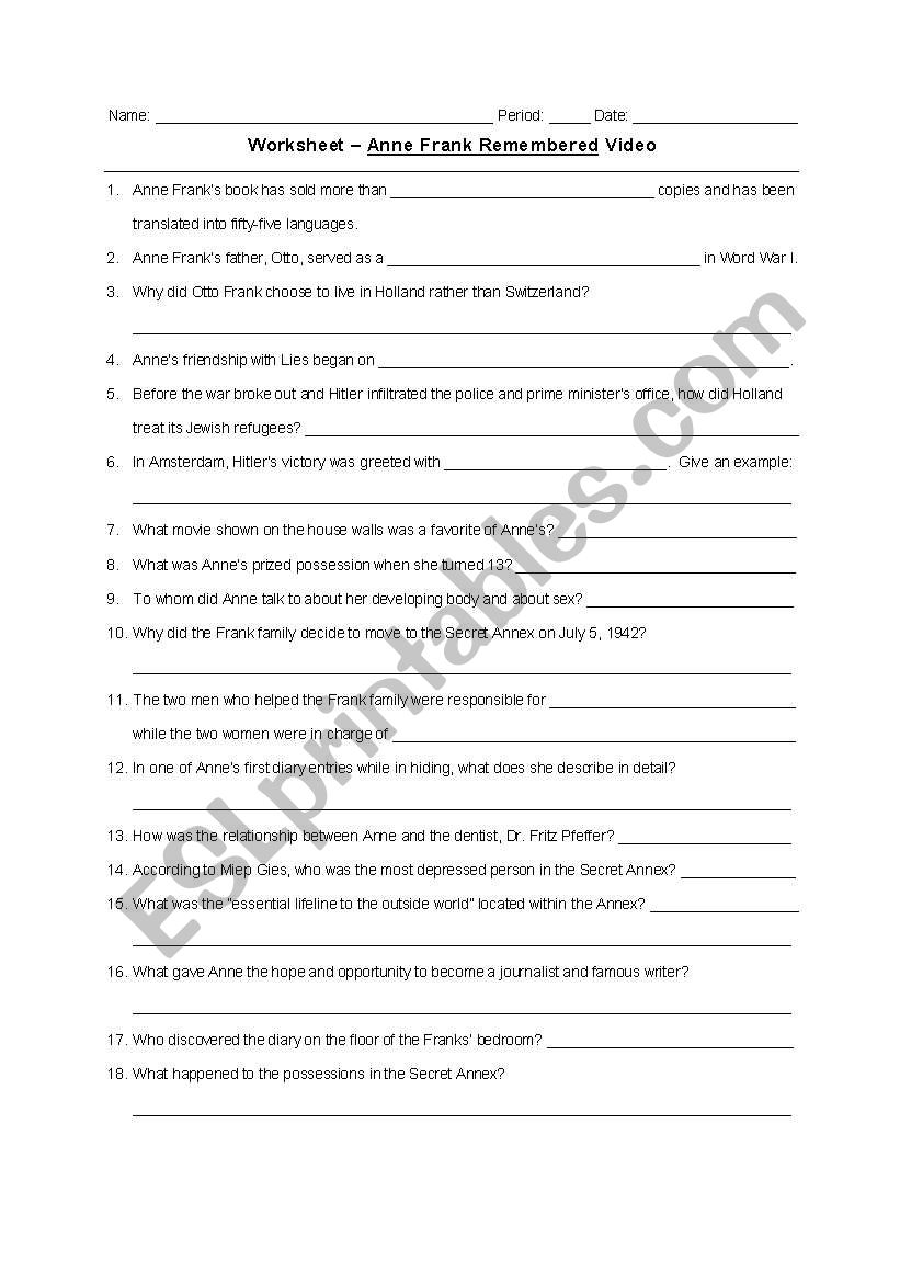 Anne Frank  worksheet