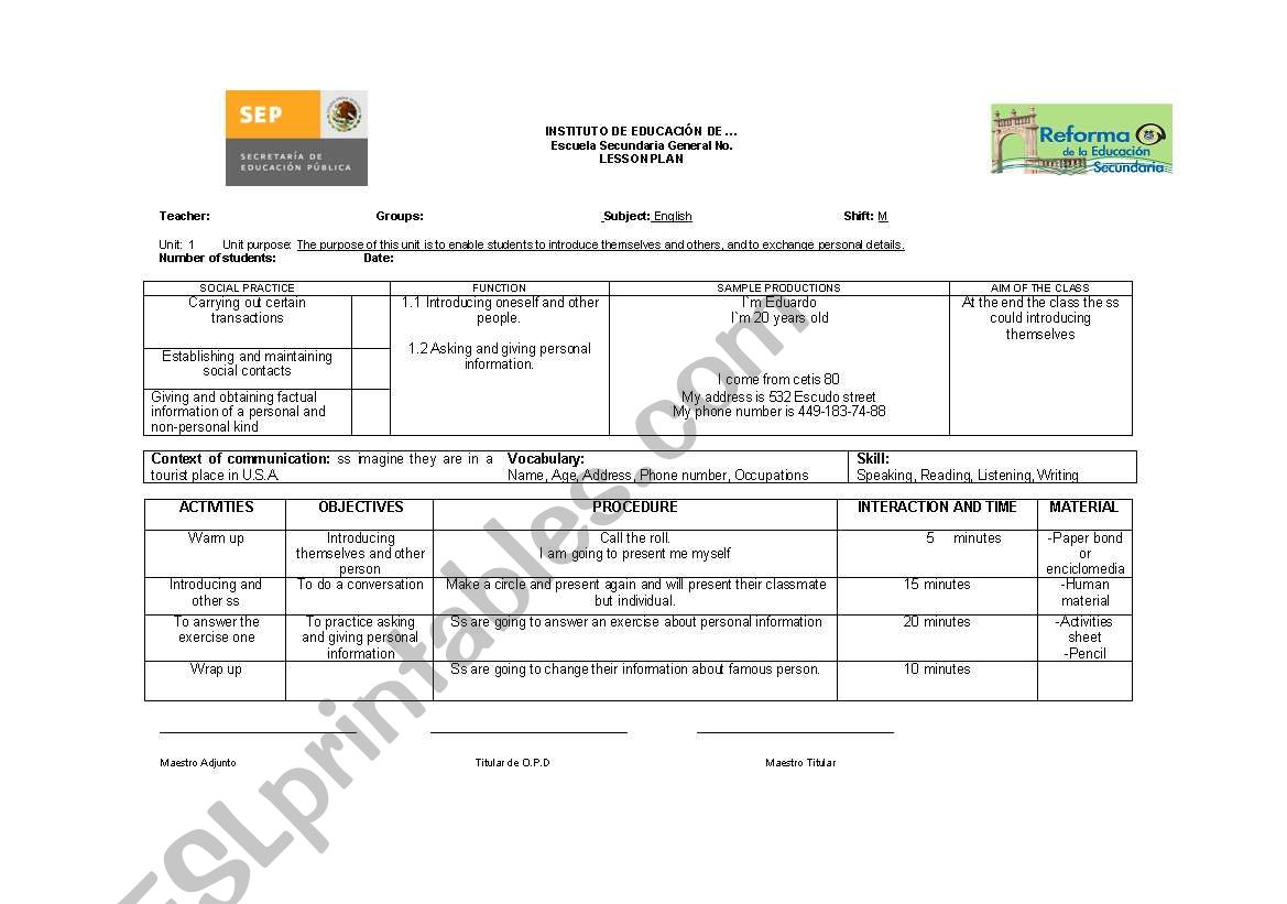 Lesson plan por competencias worksheet