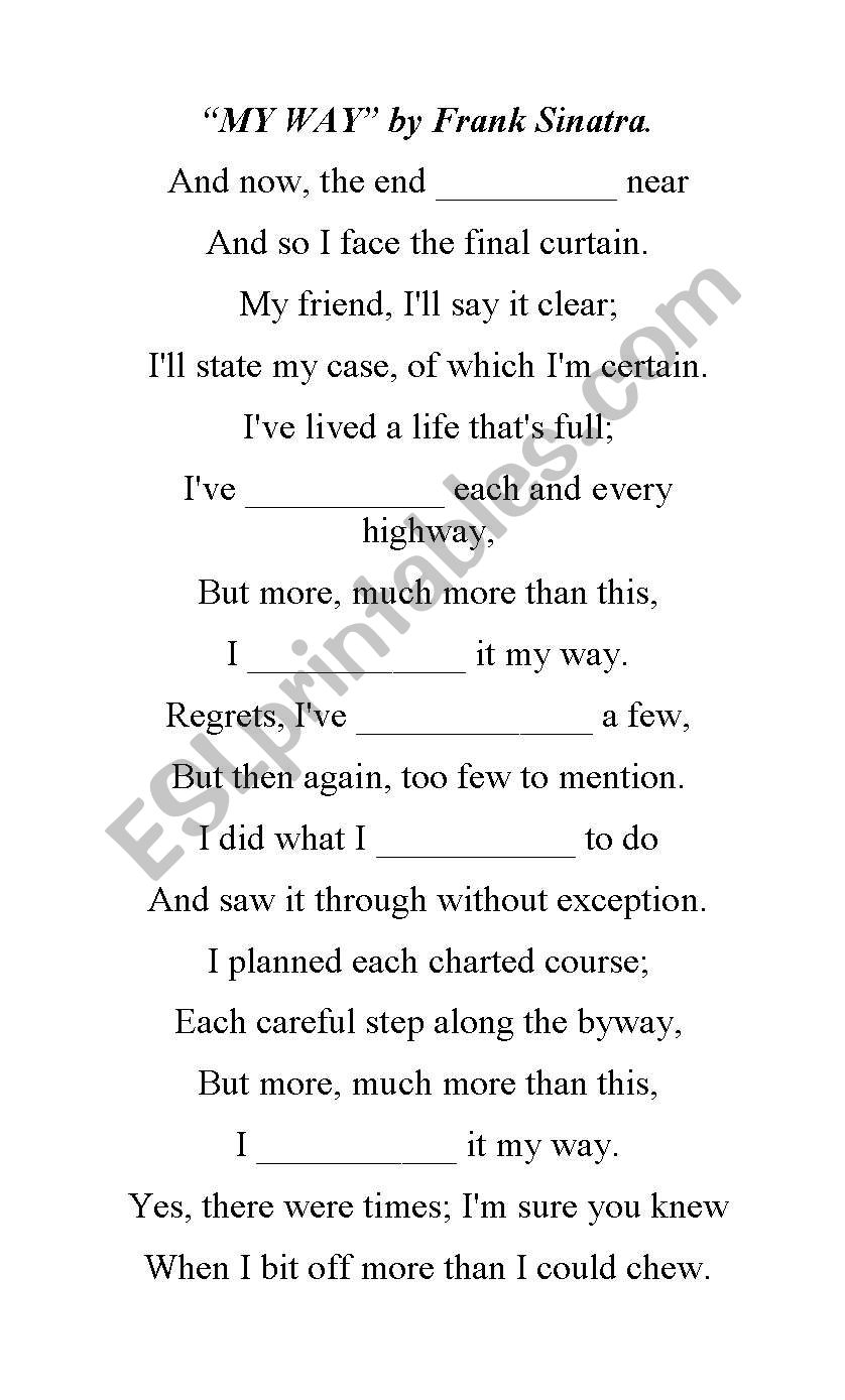 Song: My Way By Frank Sinatra worksheet