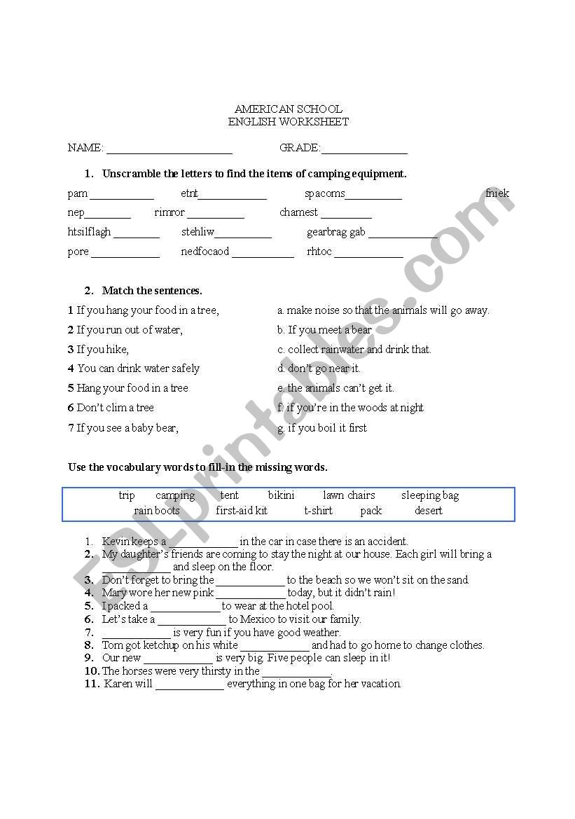 camping trip worksheet