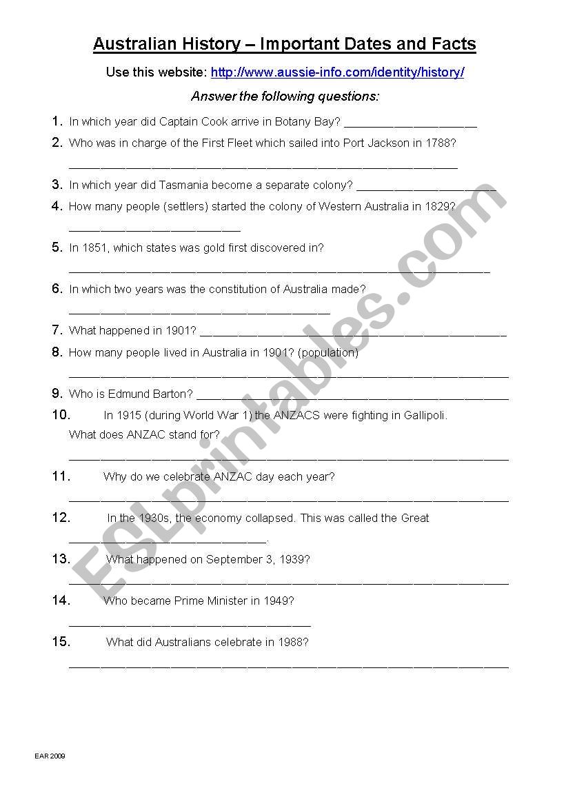 Australian History Webquest worksheet