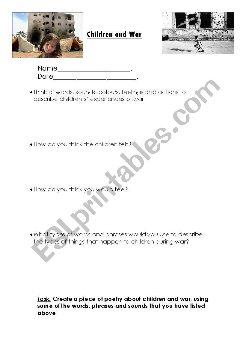 Children and War worksheet