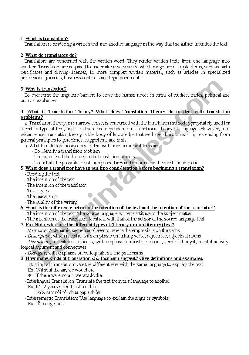 Theory of Translation worksheet