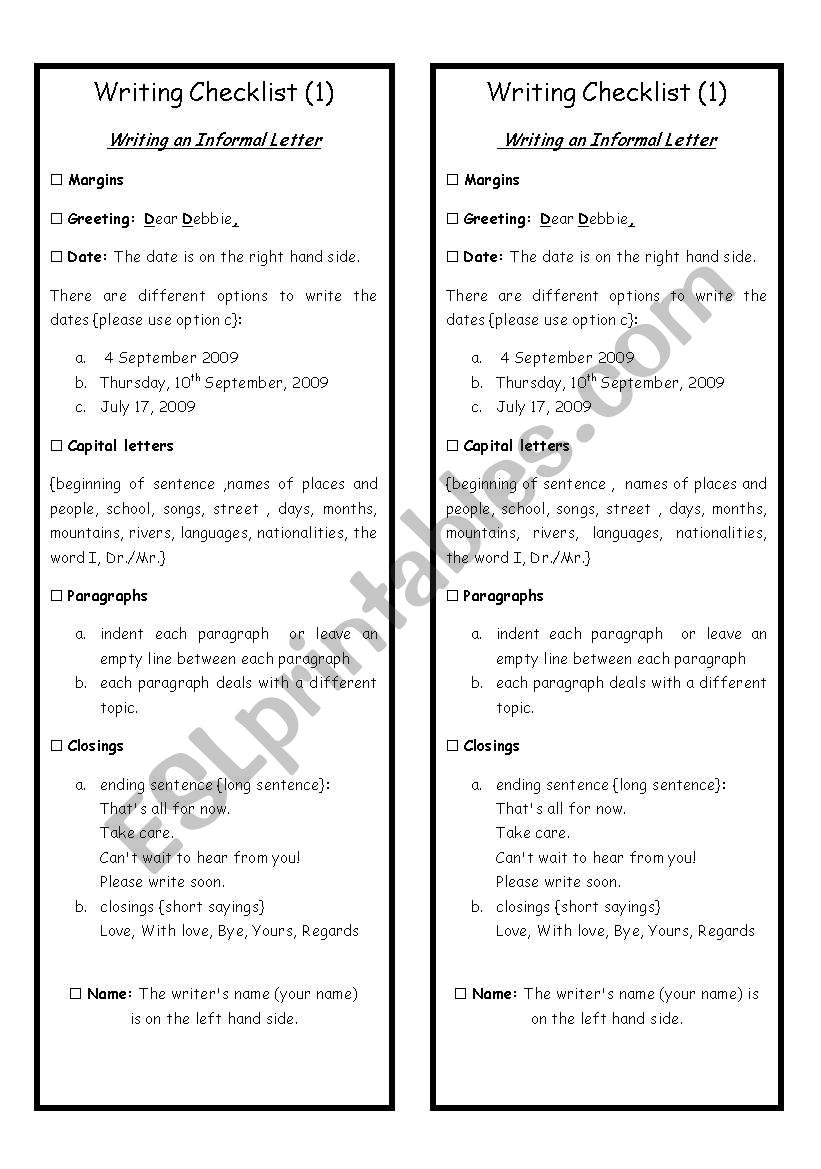 Writing Checklist worksheet