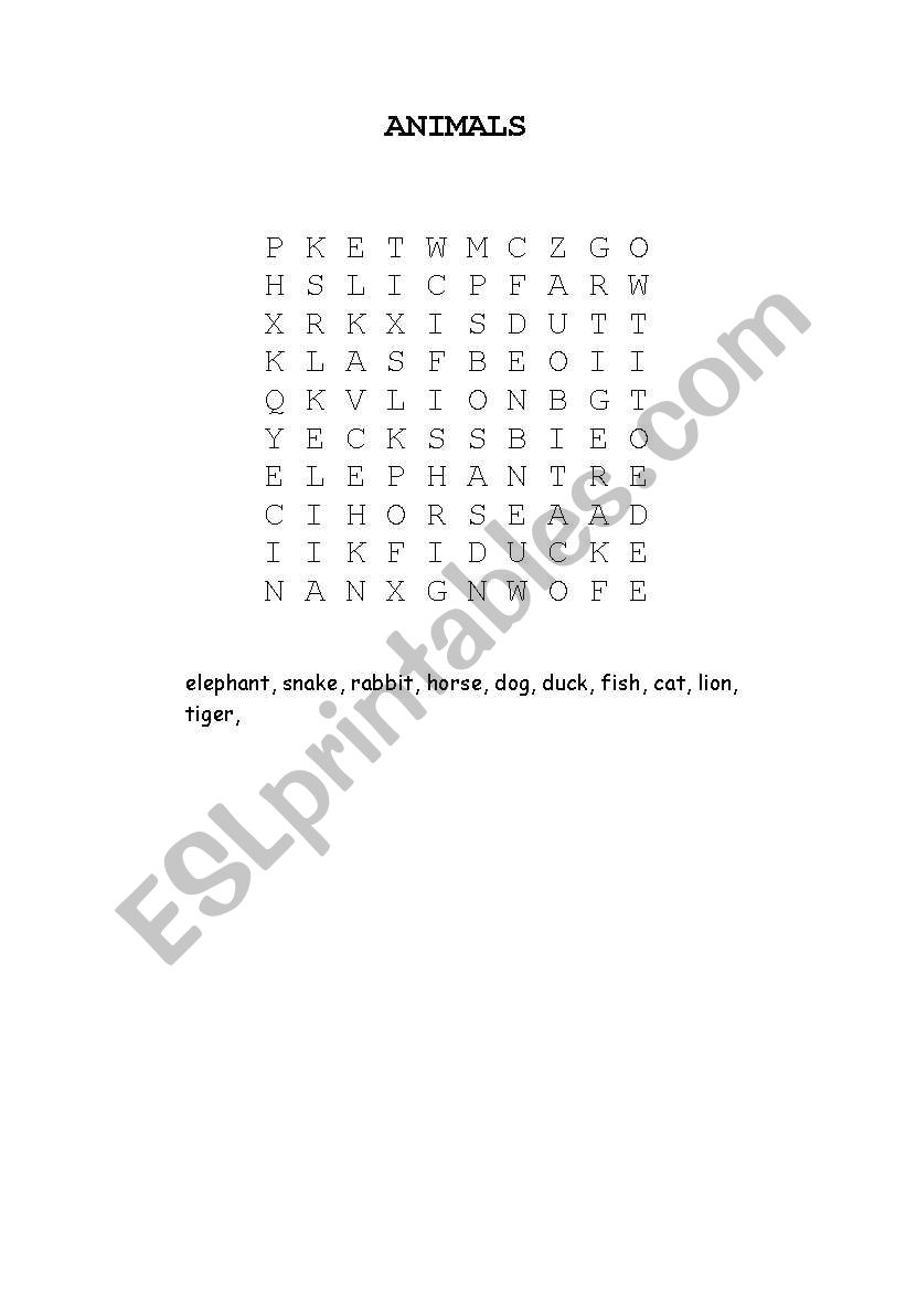 Animal Wordsearch worksheet