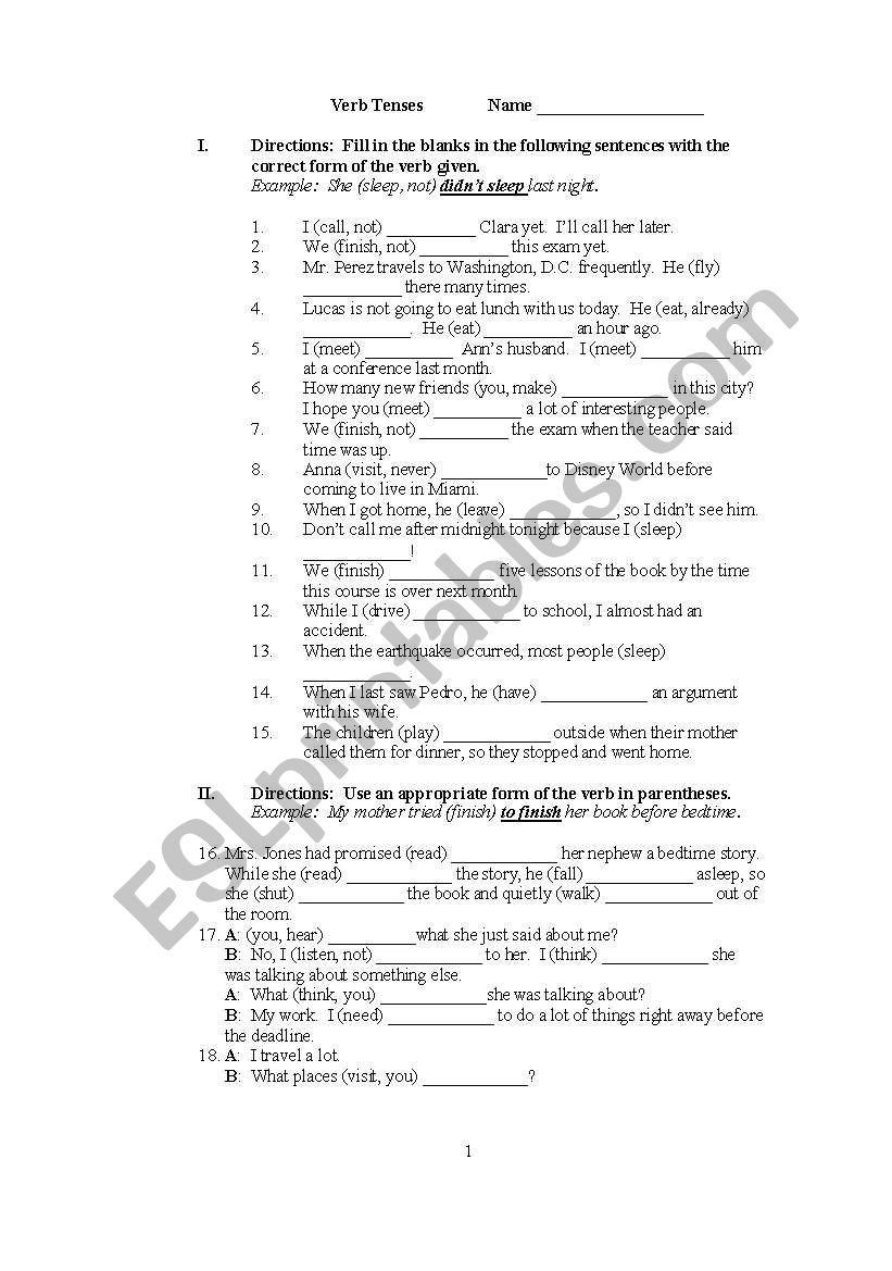 Test of tense worksheet