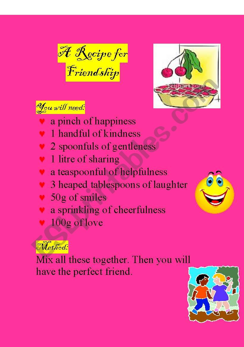 Friendship Recipe worksheet