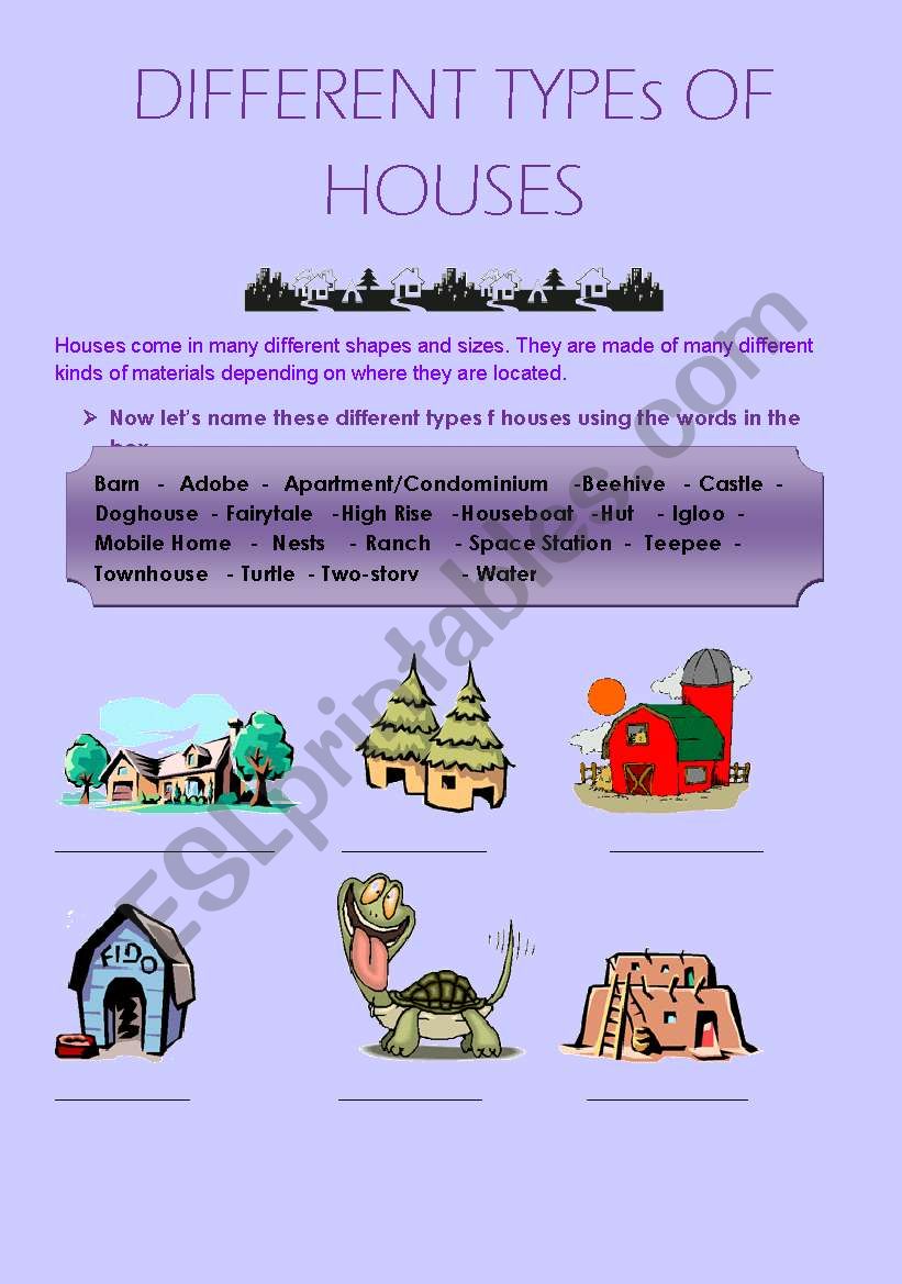 Different types of houses worksheet